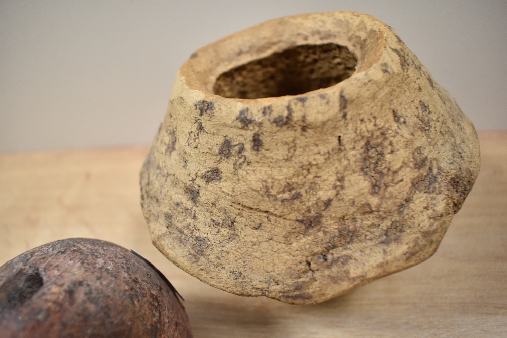 A medieval cannon ball, diameter 8cm, and a terracotta coloured pot - Image 3 of 3