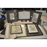 An assortment of framed and glazed maps and a selection of loose maps, including Liverpool,