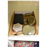 A vintage tortoiseshell effect hand mirror, two cow bells, a micro mosaic box and a rose bowl.