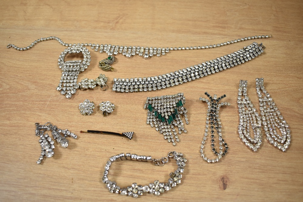 A collection of paste set costume jewellery including articulated drop brooches, screw-back drop - Image 2 of 2