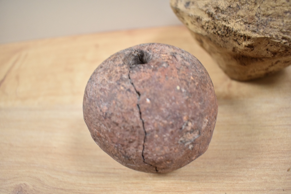 A medieval cannon ball, diameter 8cm, and a terracotta coloured pot - Image 2 of 3