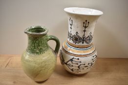 A 20th Century hand painted Greek design vase, measuring 29cm tall, and a glazed earthenware two