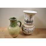 A 20th Century hand painted Greek design vase, measuring 29cm tall, and a glazed earthenware two