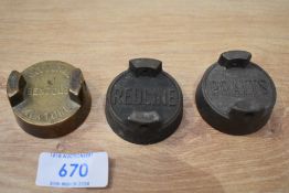 Three vintage petrol can caps, National Benzole Mixture, Redline, and Pratts