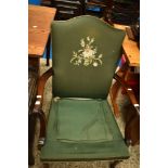 A vintage mahogany framed armchair having embroidered back