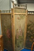 A Victorian trifold modesty screen/room divider having painted floral decoration , height approx