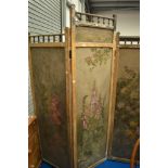 A Victorian trifold modesty screen/room divider having painted floral decoration , height approx