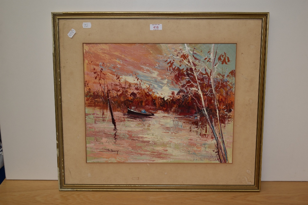 20th Century Continental School, oil painting, An oriental landscape featuring a boat on a lake in - Image 2 of 4