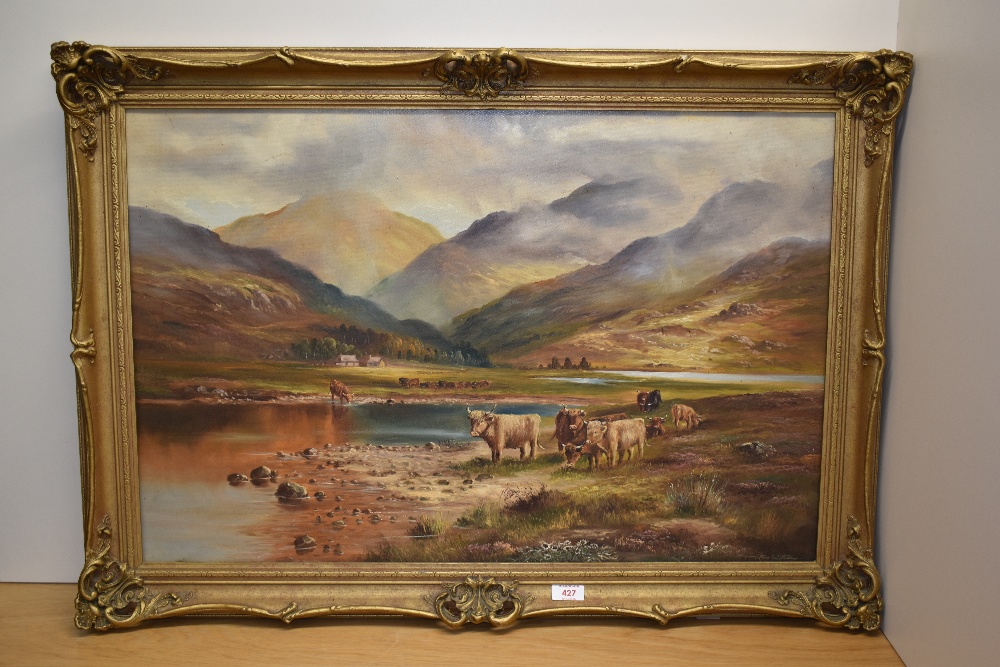 19th/20th Century School, oil on canvas, A Highland landscape with watering cattle, signed - Image 2 of 4