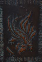 20th Century School, copper embossed panel, Two illustrations - 'Tzolkin Castle' & 'Tzolkin Dragon',