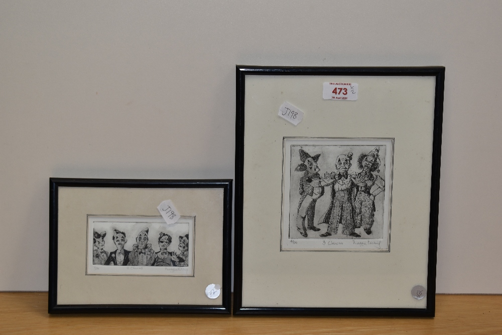 Maggie Kitching (20th Century), engravings, Two illustrations titled '5 Clowns' and '3 Clowns', both - Image 2 of 5