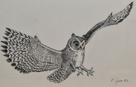 20th Century School, pen and ink, A swooping owl, signed K.Dyson and dated '86 to the lower right,