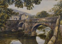 G. H. Bishop (20th Century, British), watercolour, 'Old Packhorse Bridge, Derwent Chapel, Near