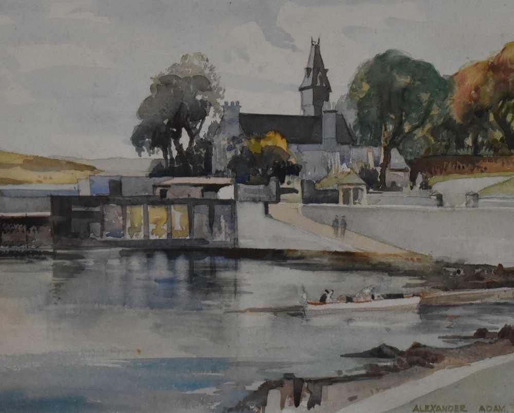 Alexander Adam (20th Century, Scottish), watercolour, A harbour view with church in the