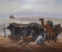 Sung H. Jee (20th Century), oil on canvas, A desert encampment with camels, signed and dated to