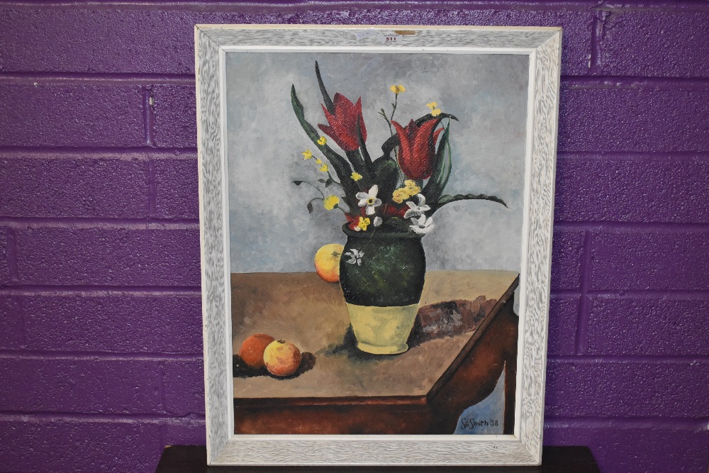 SG Smith (20th Century), oil on board, A still life arrangement with flowers and fruit, a mid- - Image 2 of 4