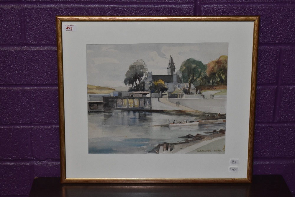 Alexander Adam (20th Century, Scottish), watercolour, A harbour view with church in the - Image 2 of 4