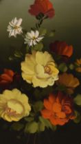 20th Century School, oil on canvas, An oval still life arrangement of flowers, signed to the lower