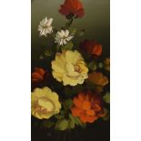 20th Century School, oil on canvas, An oval still life arrangement of flowers, signed to the lower