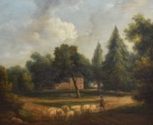 19th Century School, oil on canvas, A pastoral landscape illustrating a shepherd and his flock of