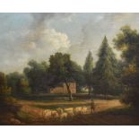 19th Century School, oil on canvas, A pastoral landscape illustrating a shepherd and his flock of