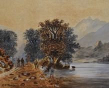 F.H. Knowles (19th/20th Century, British), watercolour, Figures on an autumnal lakeside path, signed