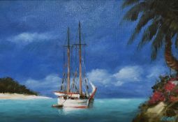 20th Century School, oil on canvas, A moored yacht within a Mediterranean style landscape, signed '