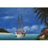 20th Century School, oil on canvas, A moored yacht within a Mediterranean style landscape, signed '