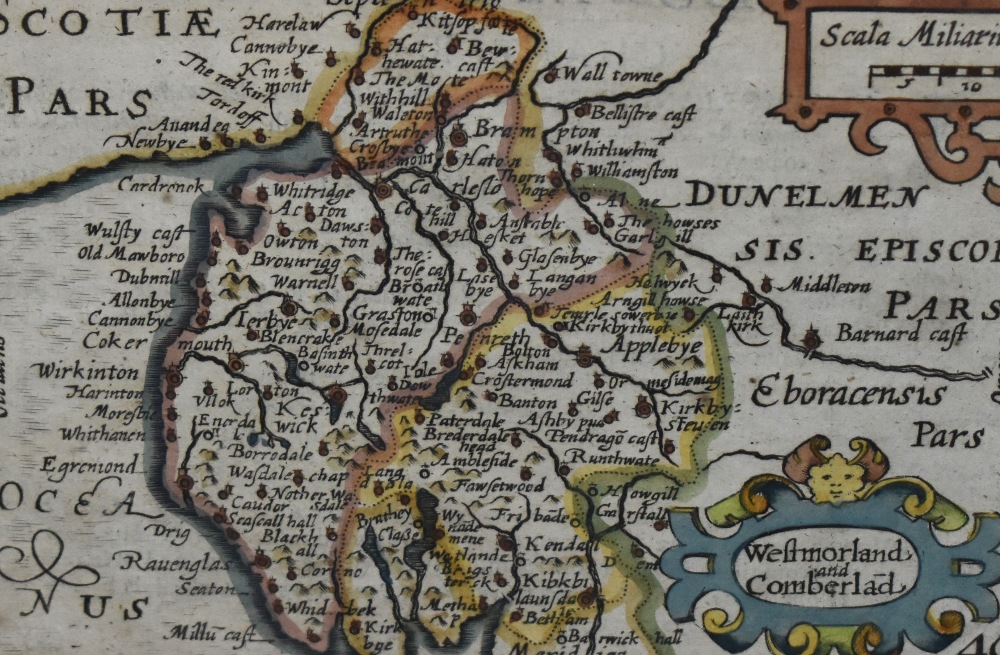 After Herman Moll (1654-1732, British), coloured engraving, 'Cumberland' a hand coloured map with