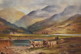 19th/20th Century School, oil on canvas, A Highland landscape with watering cattle, signed