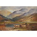 19th/20th Century School, oil on canvas, A Highland landscape with watering cattle, signed