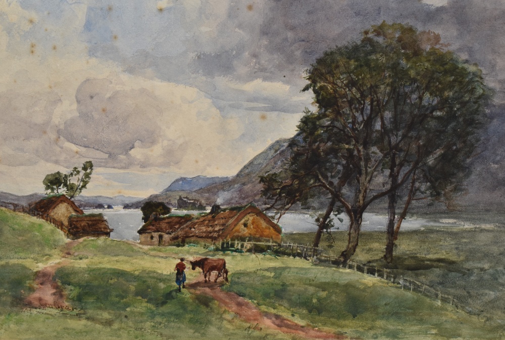 George Gray (19th/20th Century), watercolour, A farm stead with lake beyond, signed to the lower
