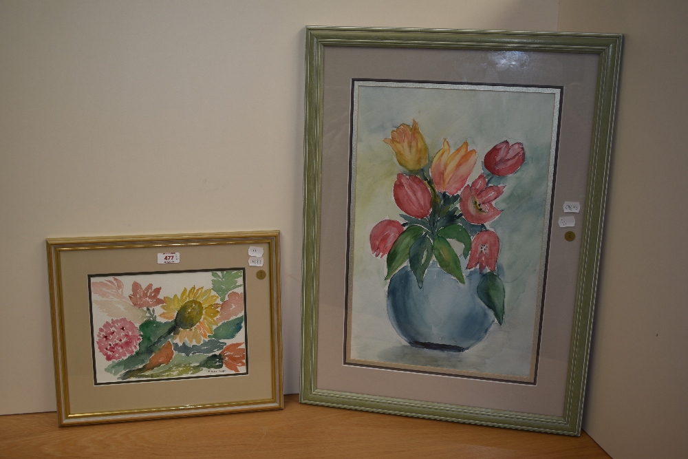 Agnese (20th Century), watercolours, Two still life arrangements depicting colourful flowers, - Image 2 of 4