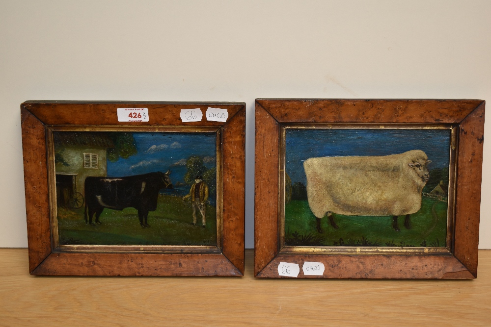 18th/19th Century Naive School, oil on panel, A pair of primitive portraits of a sheep and cow, - Image 2 of 4