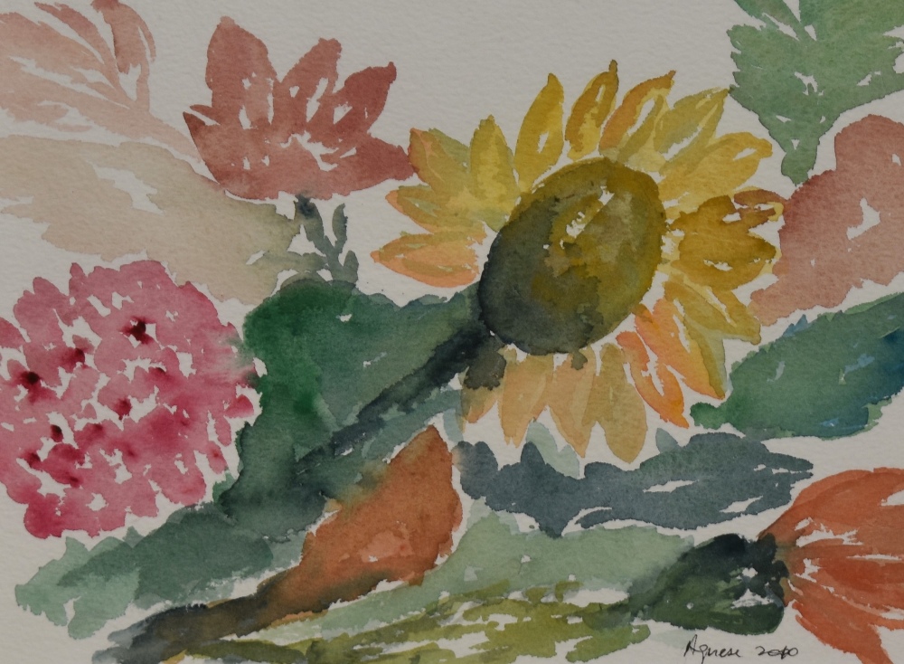 Agnese (20th Century), watercolours, Two still life arrangements depicting colourful flowers,