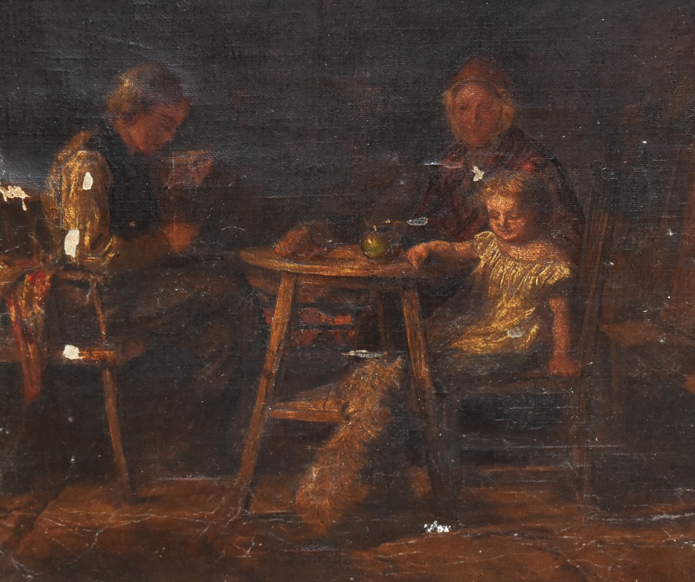 19th Century School, oil on canvas, A Dutch style interior scene depicting a family and dog eating