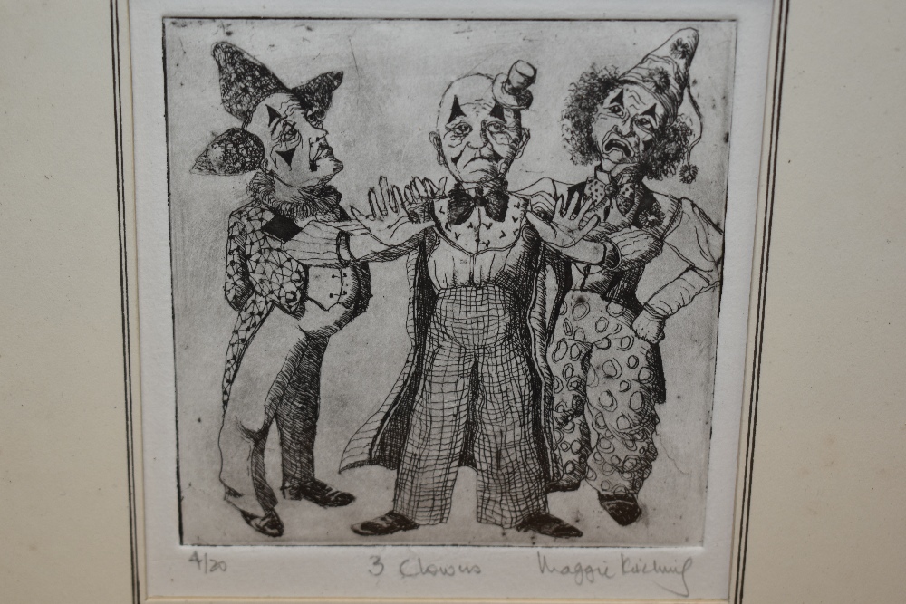 Maggie Kitching (20th Century), engravings, Two illustrations titled '5 Clowns' and '3 Clowns', both - Image 3 of 5