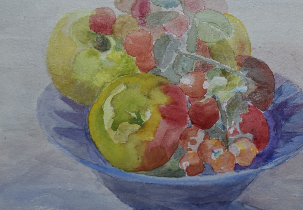 Judi Bloomer (20th Century), watercolour, Two still life paintings depicting fruit, initialled to