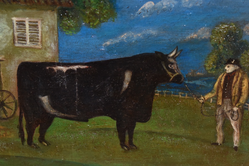 18th/19th Century Naive School, oil on panel, A pair of primitive portraits of a sheep and cow,