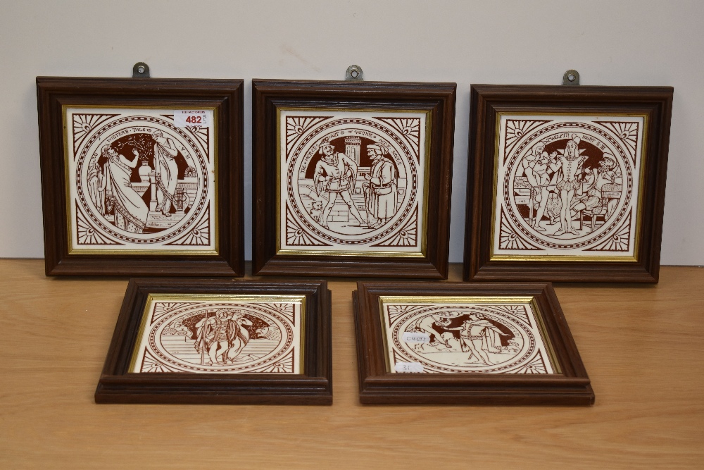 Five Victorian Minton porcelain tiles, depicting John Moyr Smith's Shakespear Series, all within - Image 2 of 2