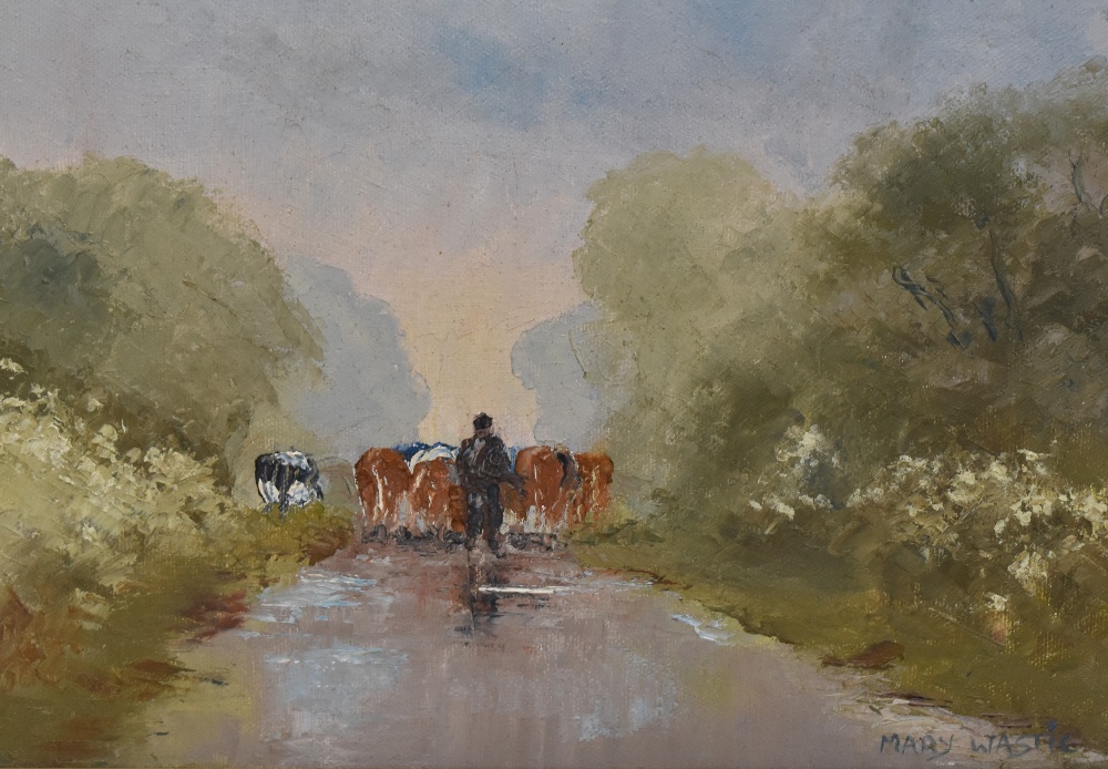 Mary Wastie (b.1935, British), Cornish School, oil on canvas, Cattle being led down a tree lined