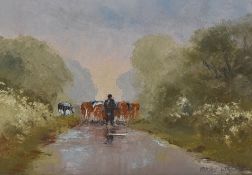 Mary Wastie (b.1935, British), Cornish School, oil on canvas, Cattle being led down a tree lined
