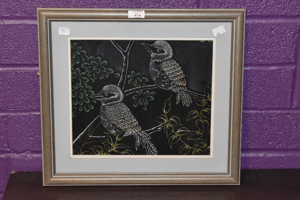 Contemporary, mixed media, Two Kookaburra birds, framed, mounted, and under glass, measuring 26cm - Image 2 of 3