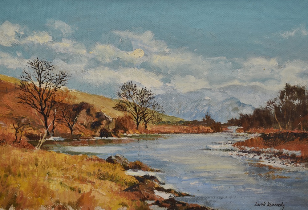 Derek Kennedy (20th Century), oil on board, An autumnal Highland landscape with river to the centre,