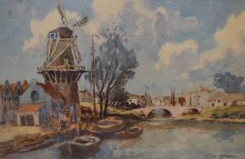 20th Century French School, watercolour, A Dutch canal landscape with windmill, signed 'F. le Blanc'