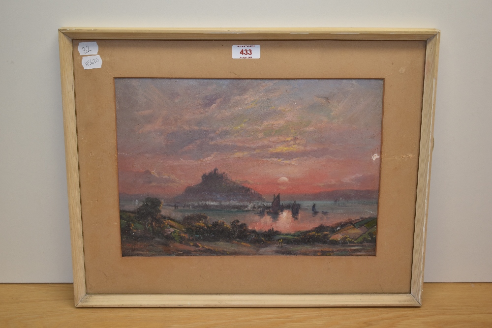 William Cox (1866-1939, British), oil on board, Saint Michael's Mount, Cornwall, at sundown, - Image 2 of 4