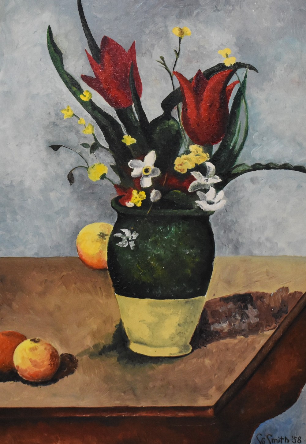 SG Smith (20th Century), oil on board, A still life arrangement with flowers and fruit, a mid-