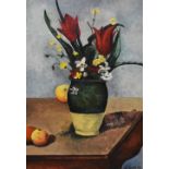 SG Smith (20th Century), oil on board, A still life arrangement with flowers and fruit, a mid-