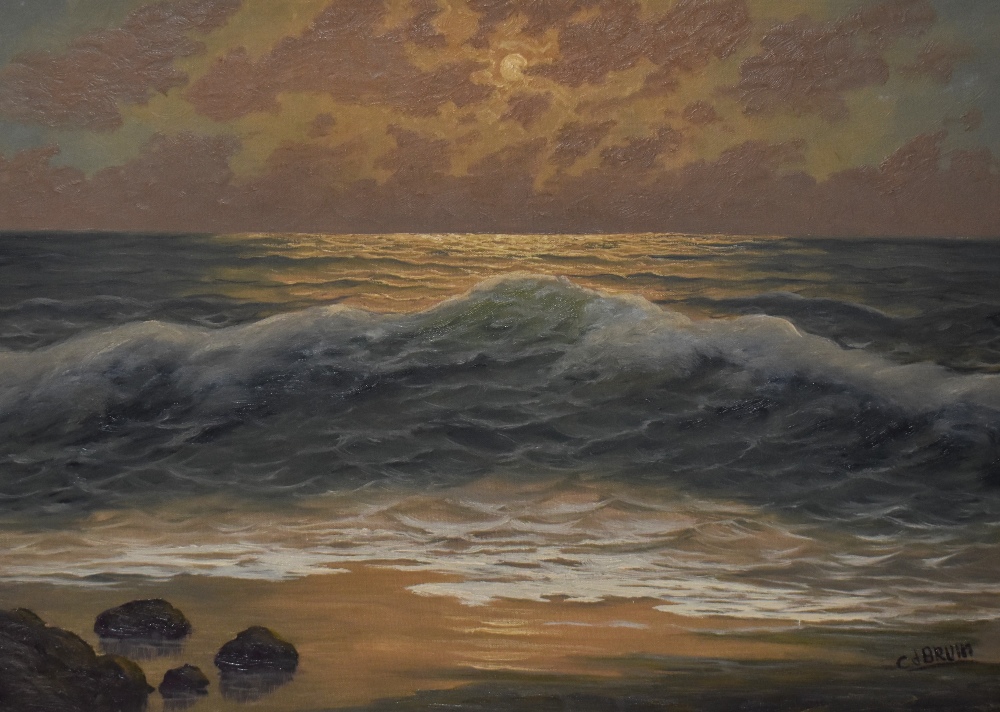 C. d. Bruin (20th Century, Continental), oil on canvas, A sunlit seascape with rocks to the