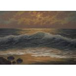 C. d. Bruin (20th Century, Continental), oil on canvas, A sunlit seascape with rocks to the